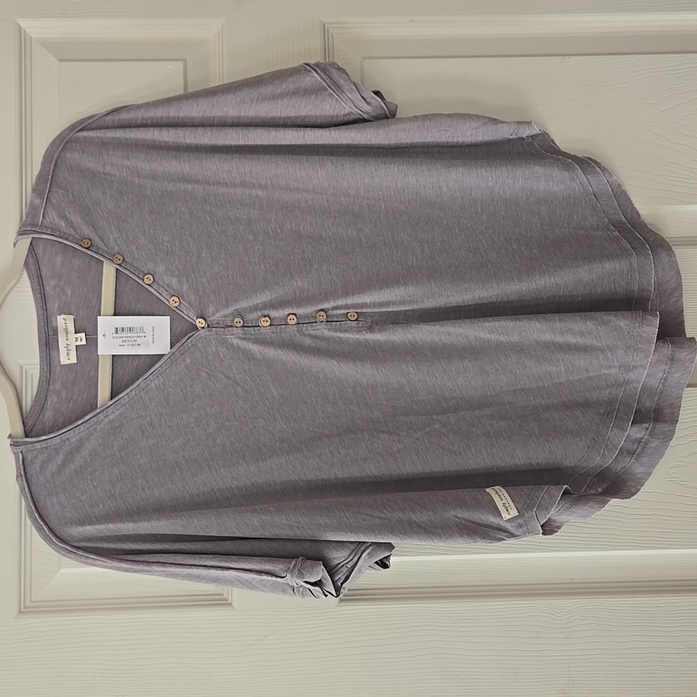 NWT Simply Southern Boho Dolman Sleeve Tshirt Wood Button Details Gray
